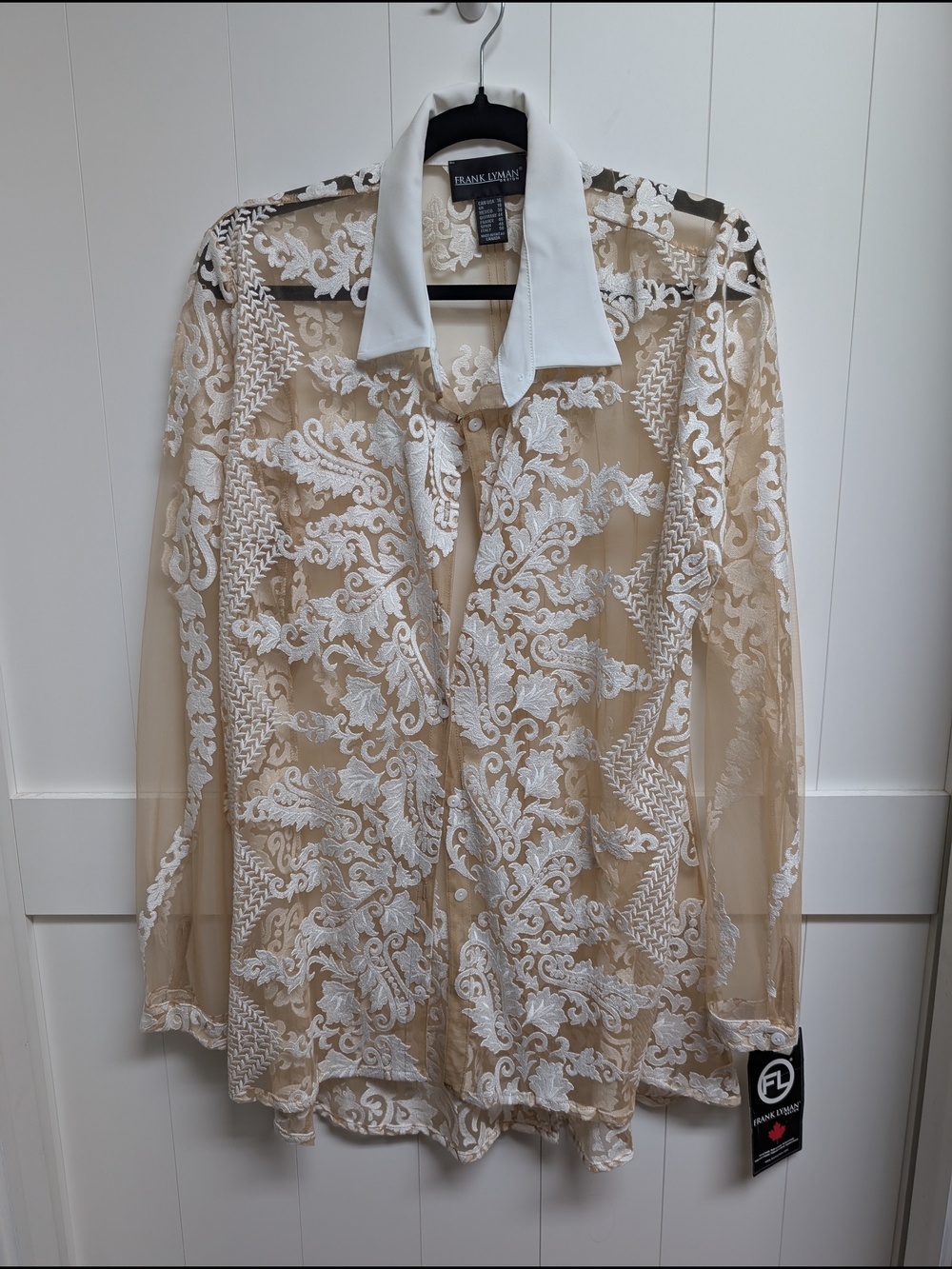 Frank Lyman Design Vibtage Beige and White Sheer Embroidered Blouse, 14-16